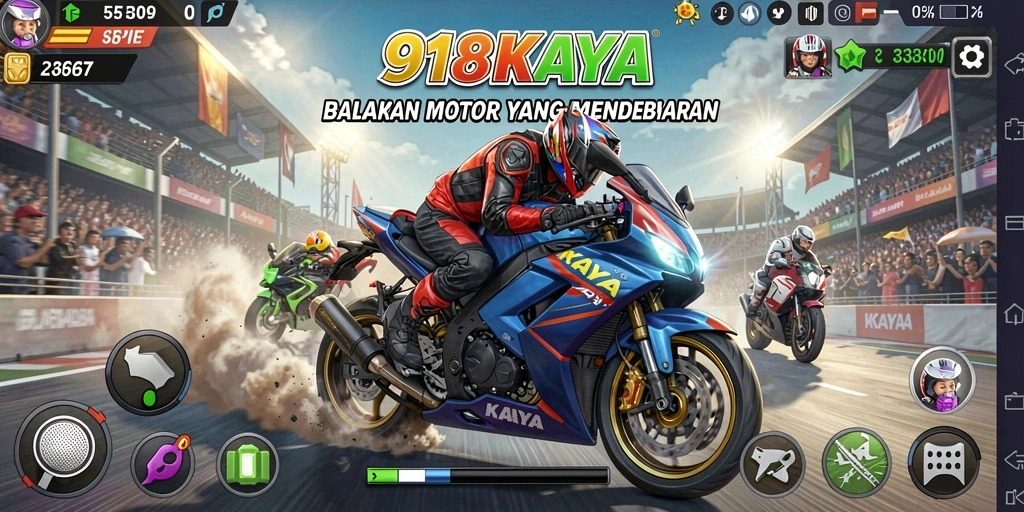 Screenshot gameplay 918KAYA menampilkan balapan motor yang seru dan grafis memikat.