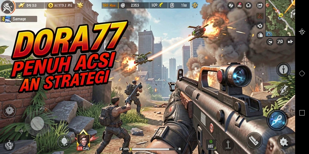 Tangkapan layar utama gameplay DORA77 yang menunjukkan aksi pertempuran TPS.