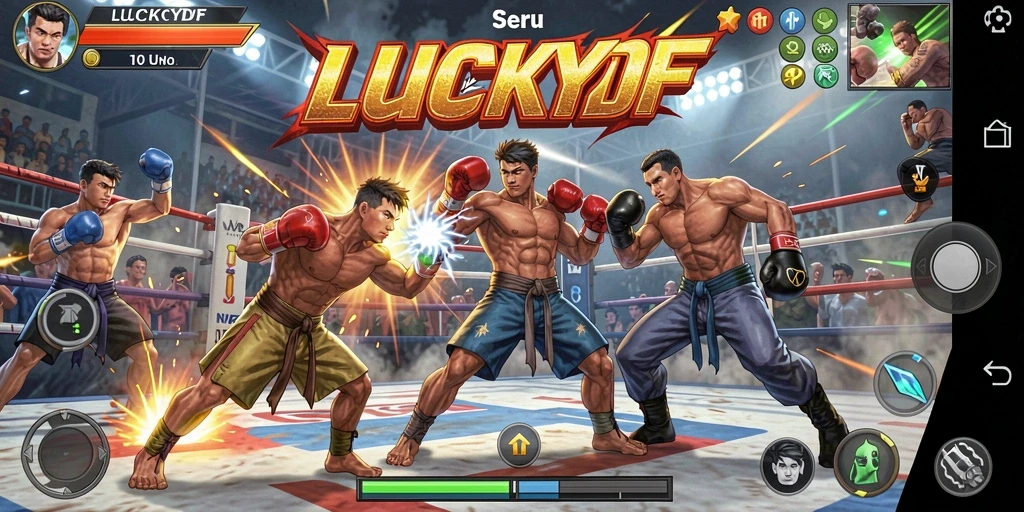 Screenshot LUCKYDF menampilkan karakter bertarung di arena dengan efek visual yang mengesankan.