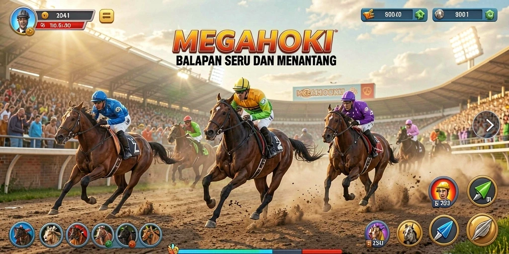 Tampilan balapan seru di MEGAHOKI dengan mobil dan trek menarik.